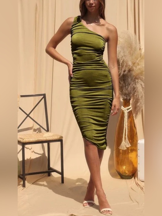 Endless Blu Dresses & Skirts - One-Shoulder Olive Green Ruched Midi Dress